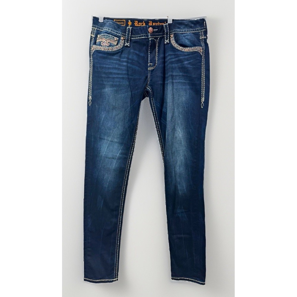 Women's Rock Revival Jessica Skinny Low Rise Distressed Jeans Size 32 Blue S205